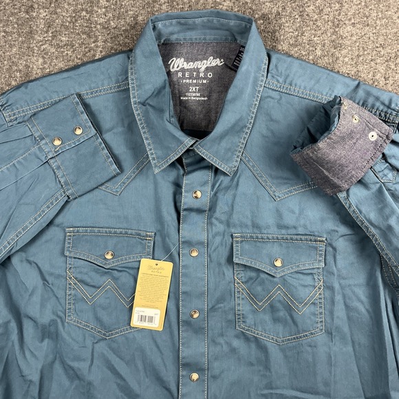 Wrangler Retro Shirt Mens 2XT Solid Blue Premium Western Long Slv Pearl Snap NEW - Picture 1 of 9
